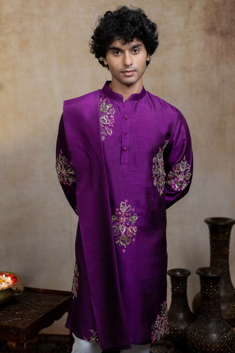Falling Raw Silk Purple Mayura Cham Set By Hilo Design
