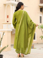 Juniper Women's The Swarn Mehndi Green Thread Embroidered Viscose Kurta Pant And Dupatta With Mirror & Zari work
