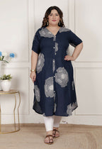 Miravan Womens Plus Size Blue Floral Printed Front Buttoned A-Line Kurta Dress