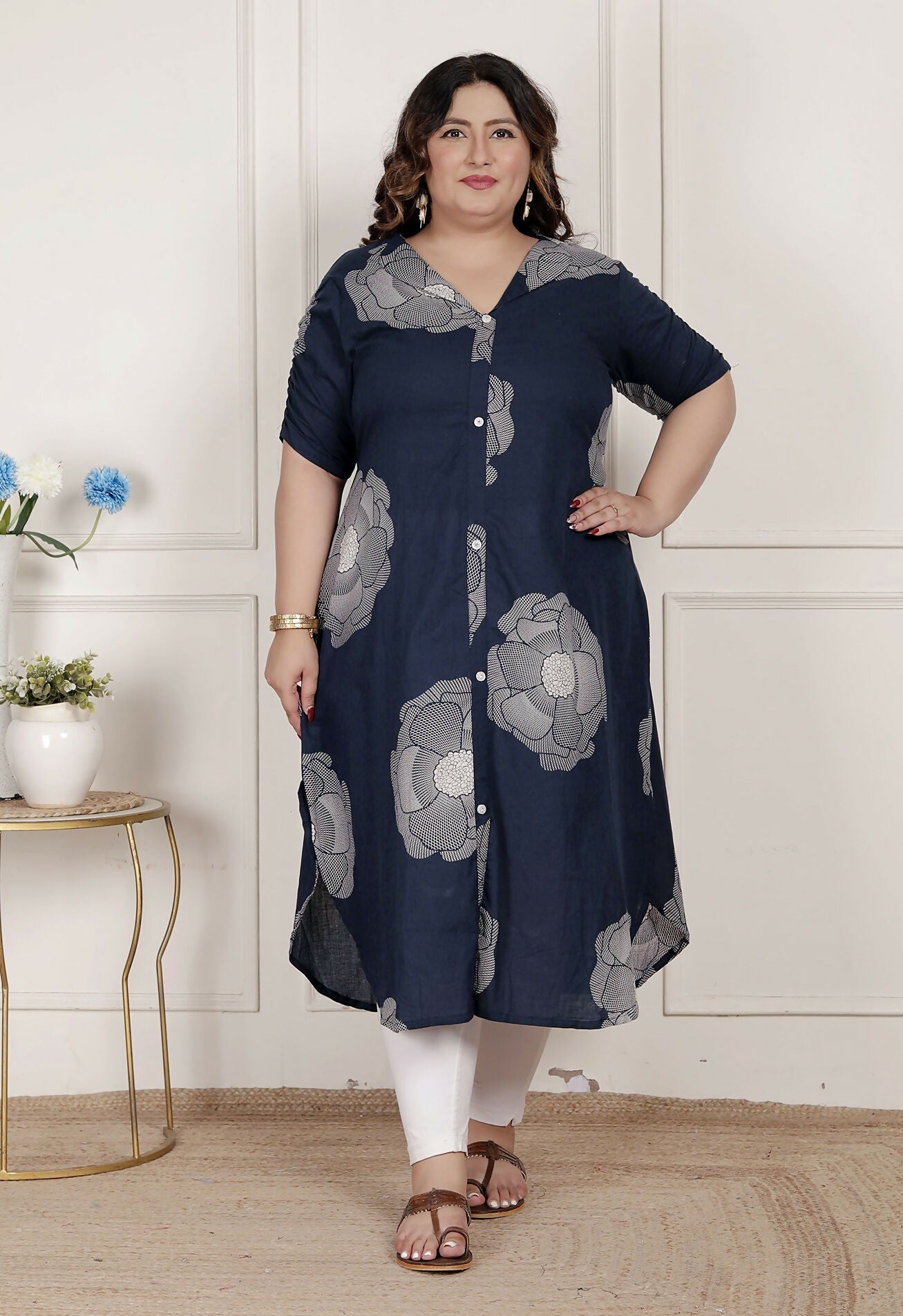 Miravan Womens Plus Size Blue Floral Printed Front Buttoned A-Line Kurta Dress