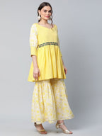 Ahalyaa Women Yellow Crepe Floral Short Kurta with Sharara Set - Distacart