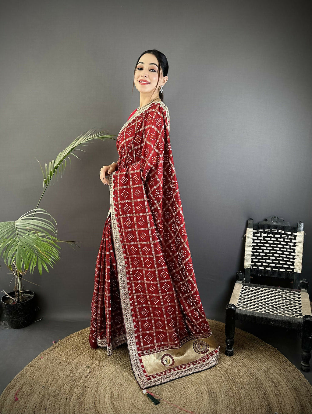 Joban Fashion Maroon Bandhej Bandhani Vichitra Silk Bandhani Prints Saree - Distacart