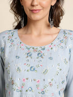 Sky Blue Chinon Floral Embroidered Dress - Nandani - Distacart