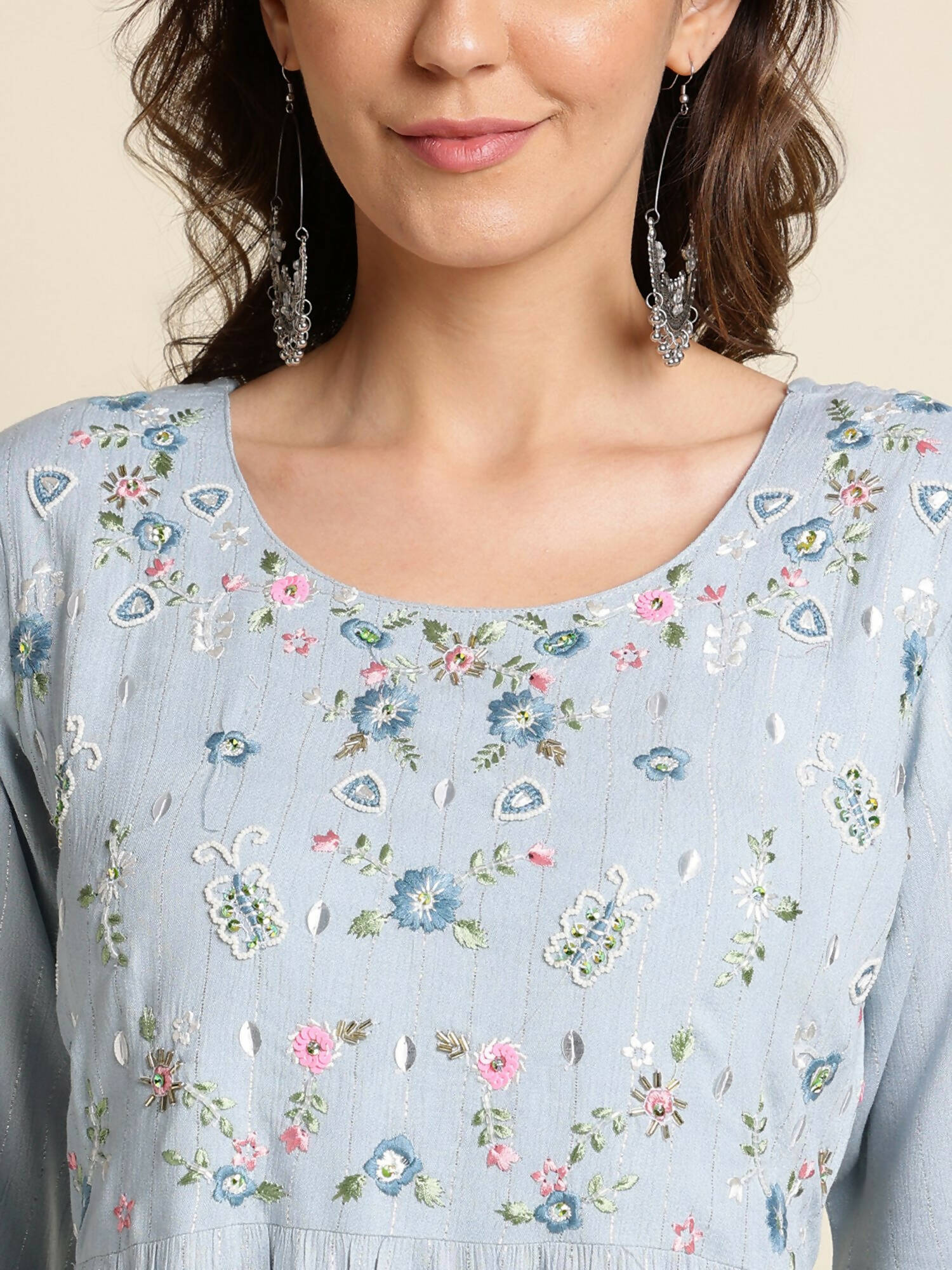 Sky Blue Chinon Floral Embroidered Dress - Nandani - Distacart