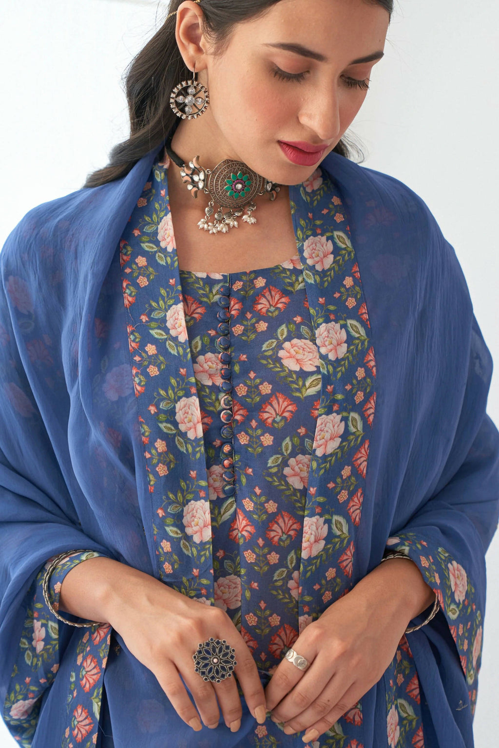Designer Stylish Blue Muslin Stitched Suit With Dupatta - Anbazaar - Distacart