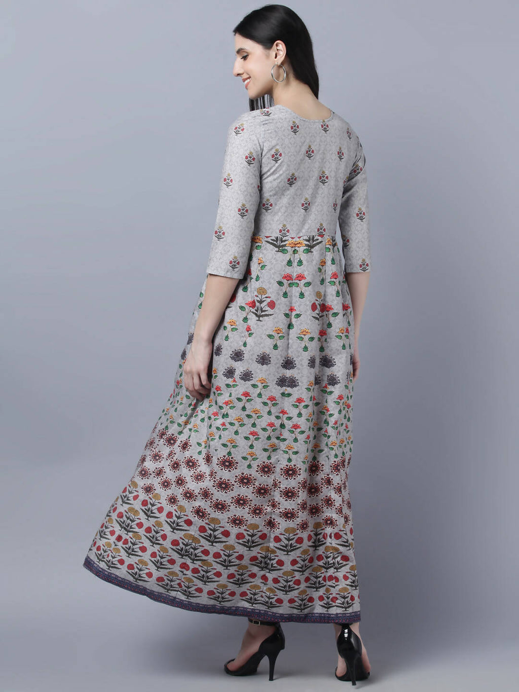 Myshka Women Grey Printed Ethnic Maxi Dress - Distacart