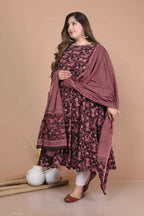 Miravan Women's Plus Size Stunning Maroon Bell Sleeve Floral Printed Anarkali Kurta Dupatta