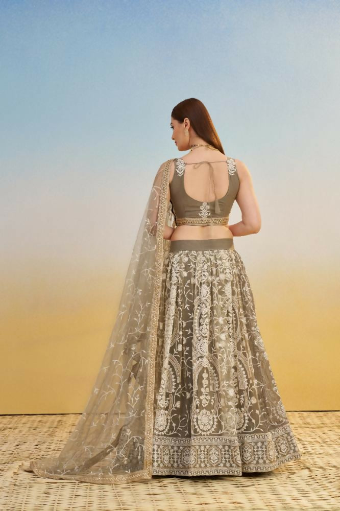 Aastha Fashion Ivory Butterfly Net White Cotton Thread Work And Sequence Work Embroidery Wedding Wear Lehenga Choli