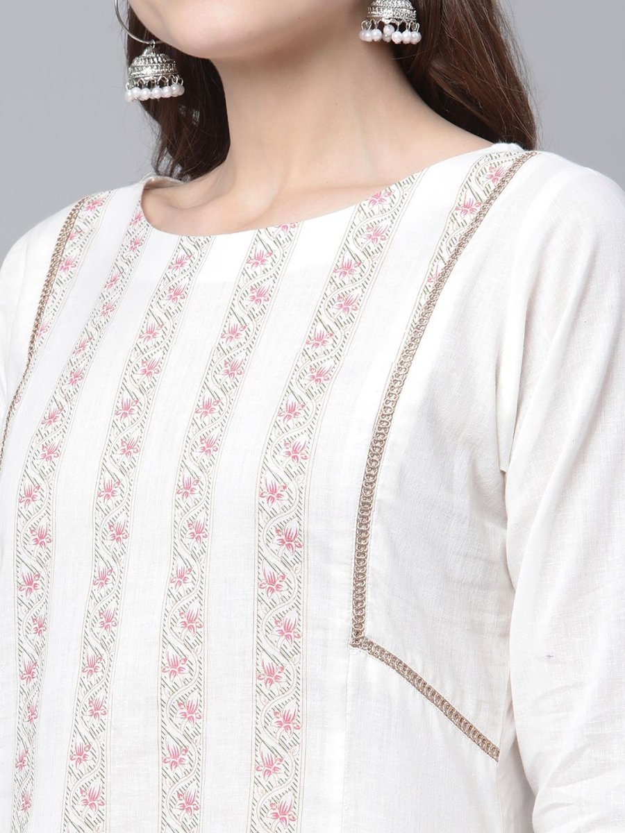 Ahalyaa Women's Off white Pure Cotton Printed Asymmetric Kurta Palazzo Set
