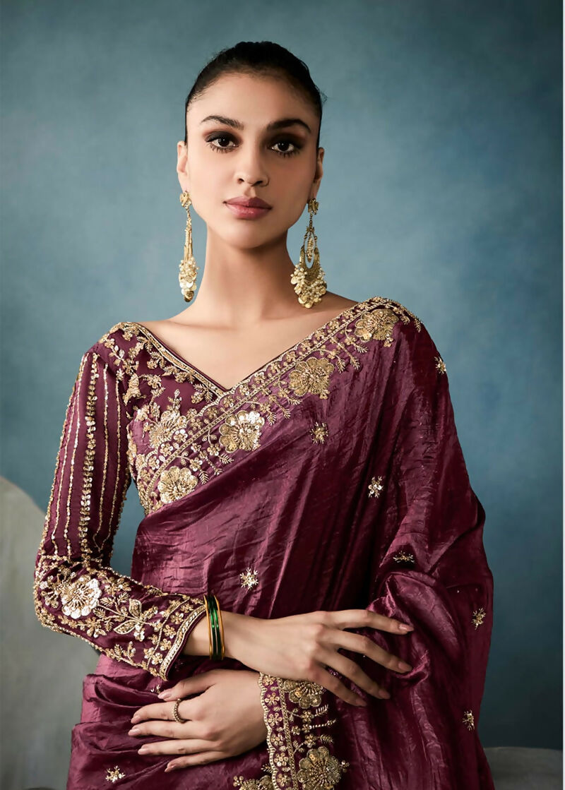 Monjolika Fashion Wine Tissue Embroidered Sequins And Zari Work Saree - Distacart