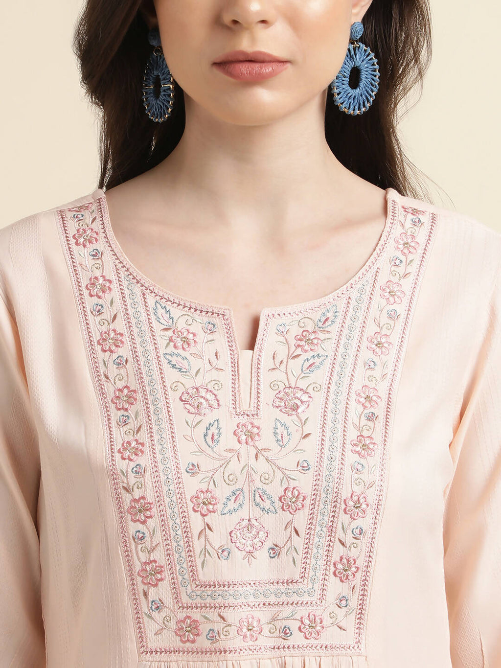 Peach Viscose Rayon Yoke Embroidered A-line Top - Tarini