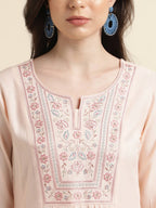 Peach Viscose Rayon Yoke Embroidered A-line Top - Tarini