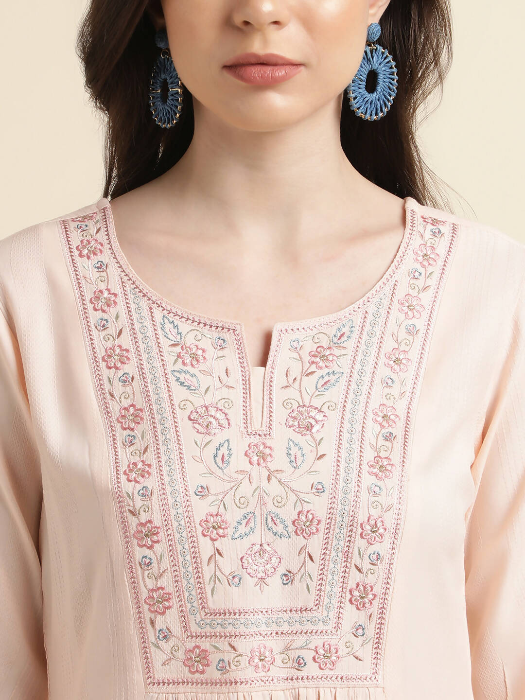 Peach Viscose Rayon Yoke Embroidered A-line Top - Tarini
