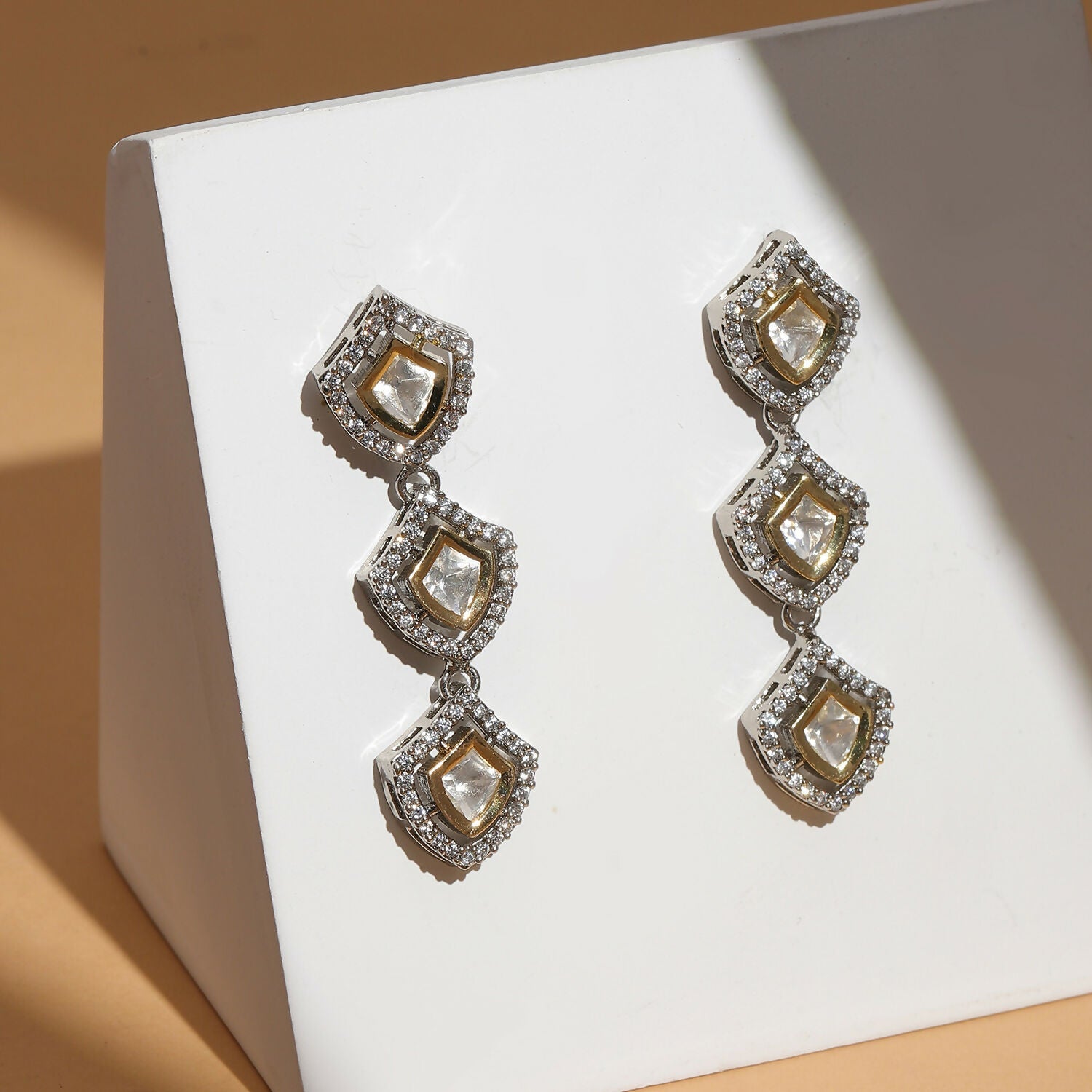 3 Tier Kundan and Diamond Earrings (Silver) - Ruby Raang - Distacart