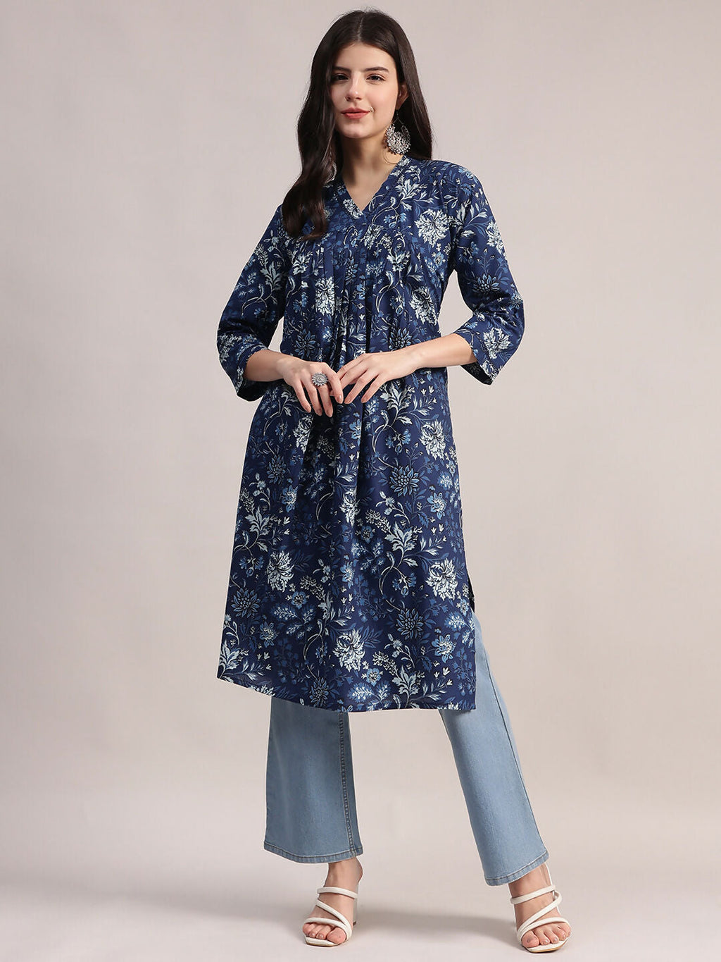Aavyora Women's Navy Blue Floral Printed Cotton A-Line Kurta with Pintuck Detailing