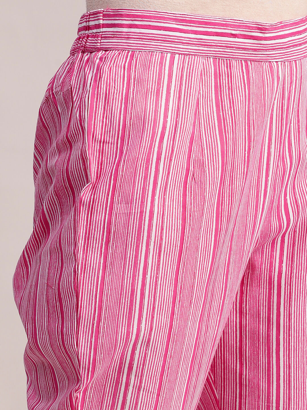 Aavyora Women's Pink Floral Print Cotton A-Line Kurta with Striped Trouser & Dupatta