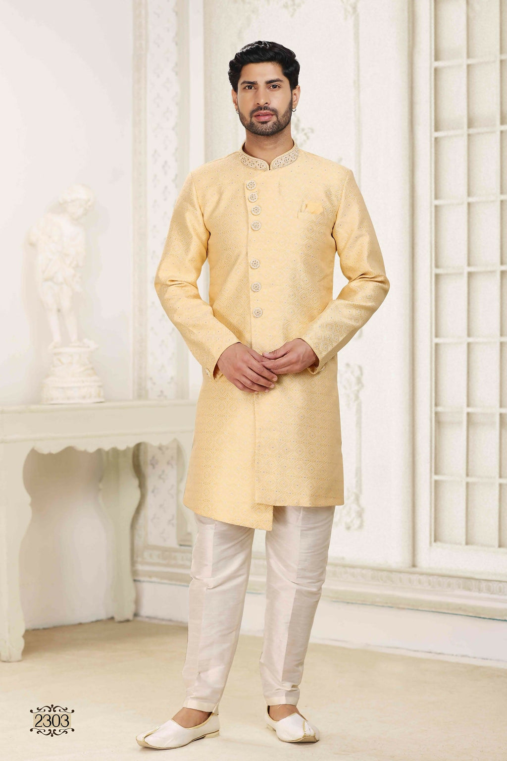 Raivat Ethnic Banarasi Jacquard Embroidery Semi Indo Western Sherwani In Yellow Colour