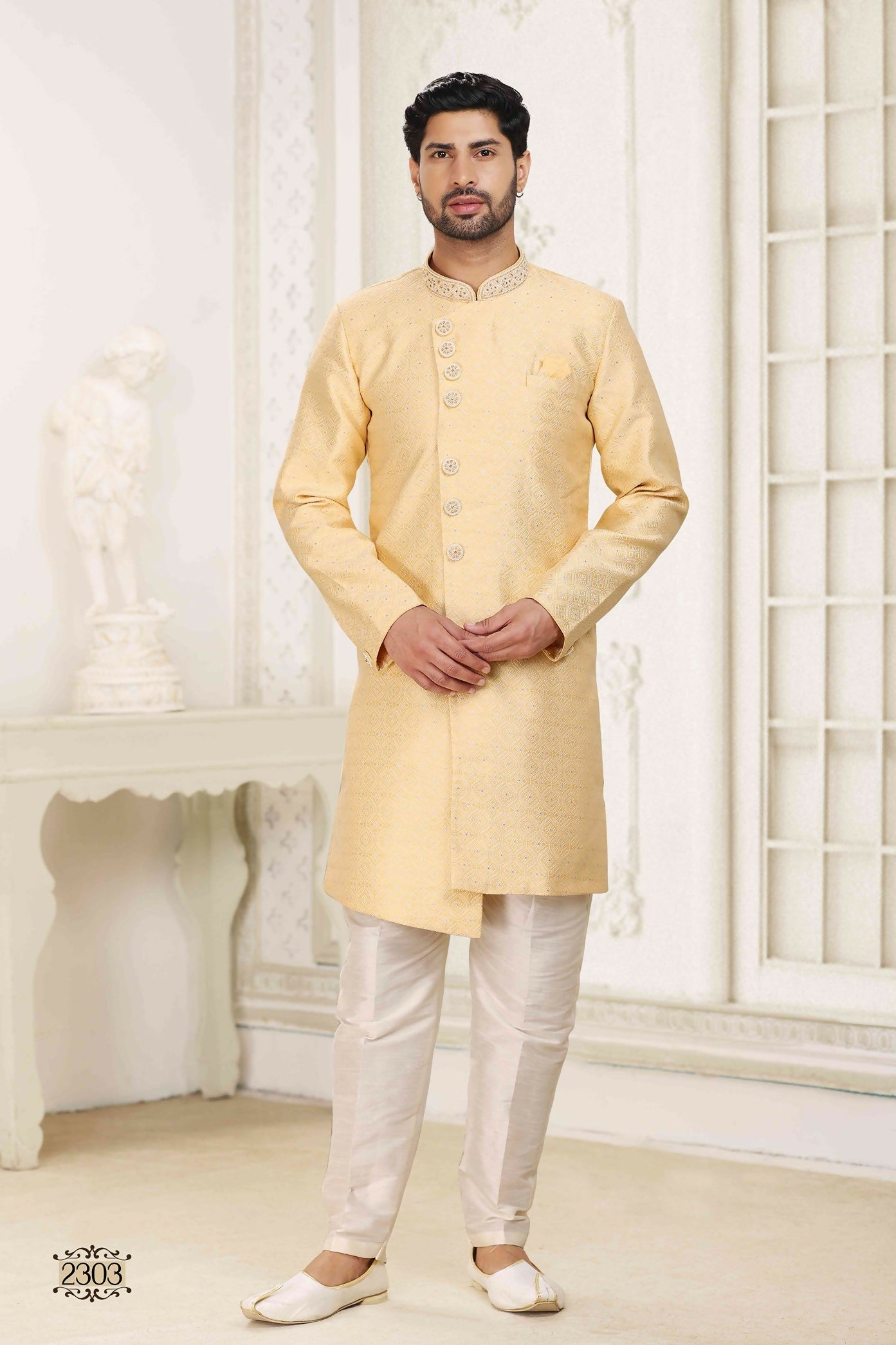 Raivat Ethnic Banarasi Jacquard Embroidery Semi Indo Western Sherwani In Yellow Colour