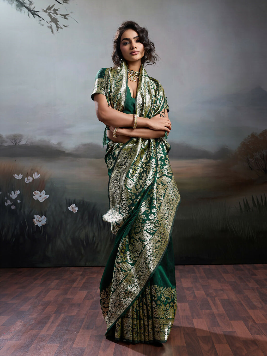 Shree Shyam Fashion Dark Green Silk Blend Saree - Distacart