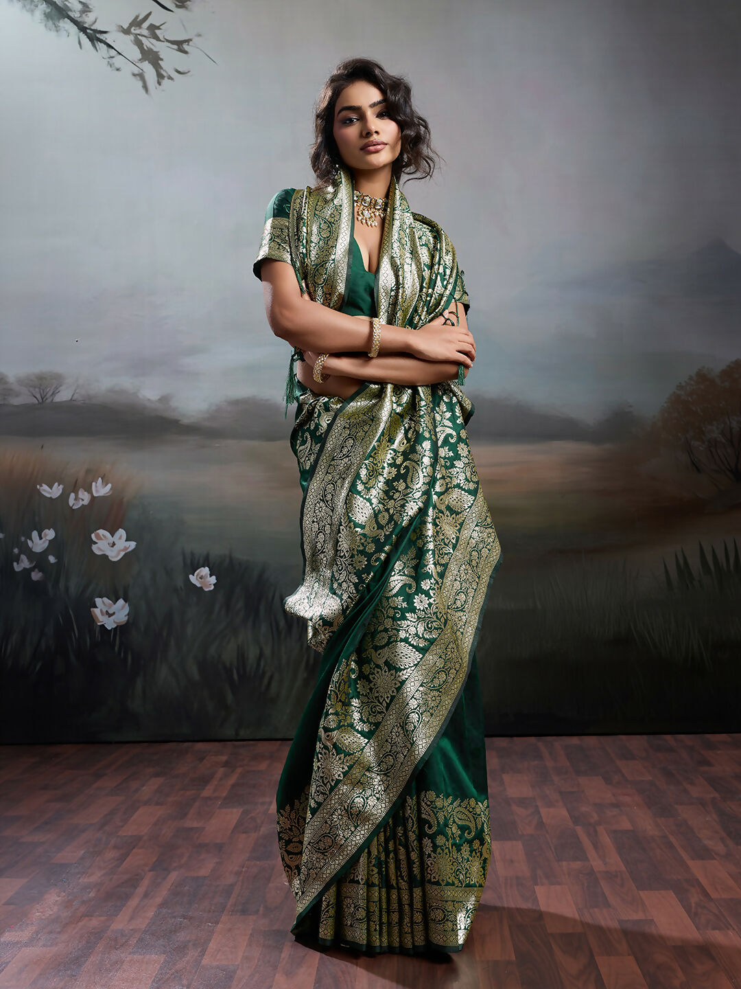 Shree Shyam Fashion Dark Green Silk Blend Saree - Distacart