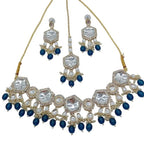 Jewel City Elegant Kundan-Style Blue and White Necklace, Earrings, and Tikka Set