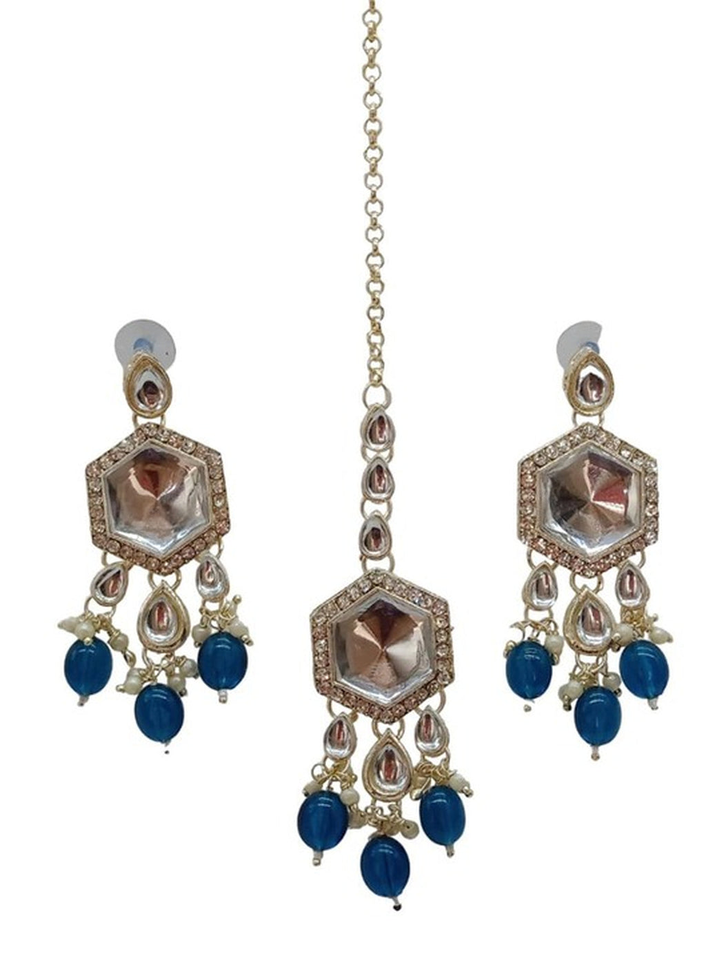 Jewel City Elegant Kundan-Style Blue and White Necklace, Earrings, and Tikka Set