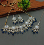 Jewel City Elegant Kundan-Style Blue and White Necklace, Earrings, and Tikka Set