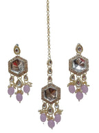 Jewel City Elegant Kundan-Style Purple and White Necklace, Earrings, and Tikka Set