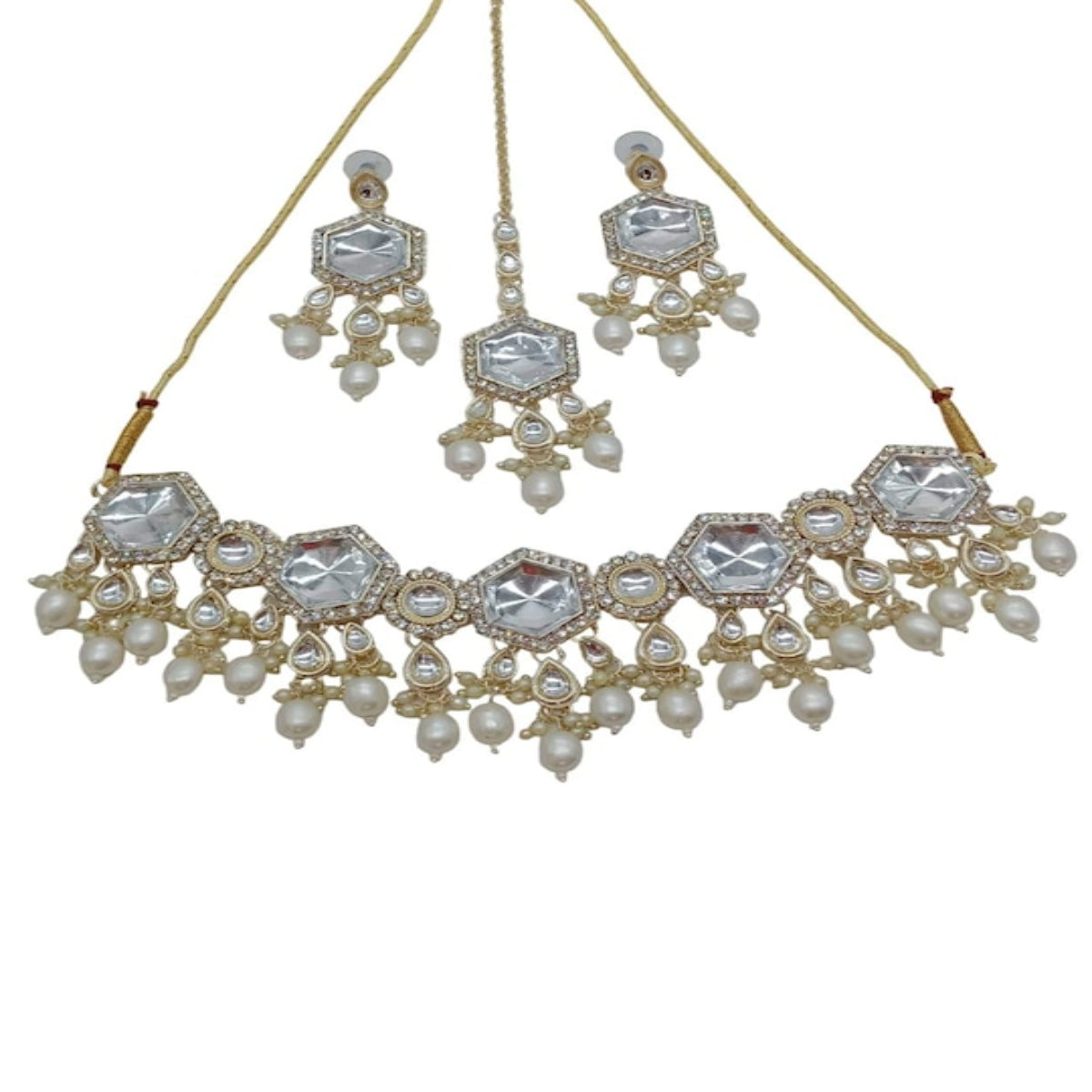Jewel City Elegant Kundan-Style White and White Necklace, Earrings, and Tikka Set