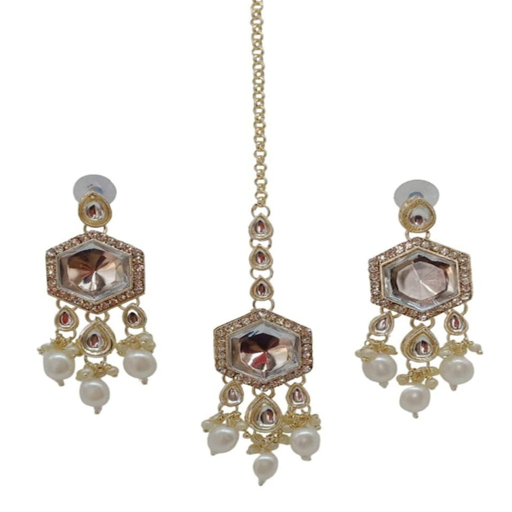Jewel City Elegant Kundan-Style White and White Necklace, Earrings, and Tikka Set