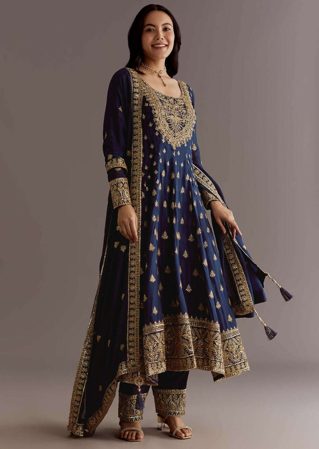 Teeya Creation Blue Color Chinnon Silk Embroidery Work Gown - Distacart
