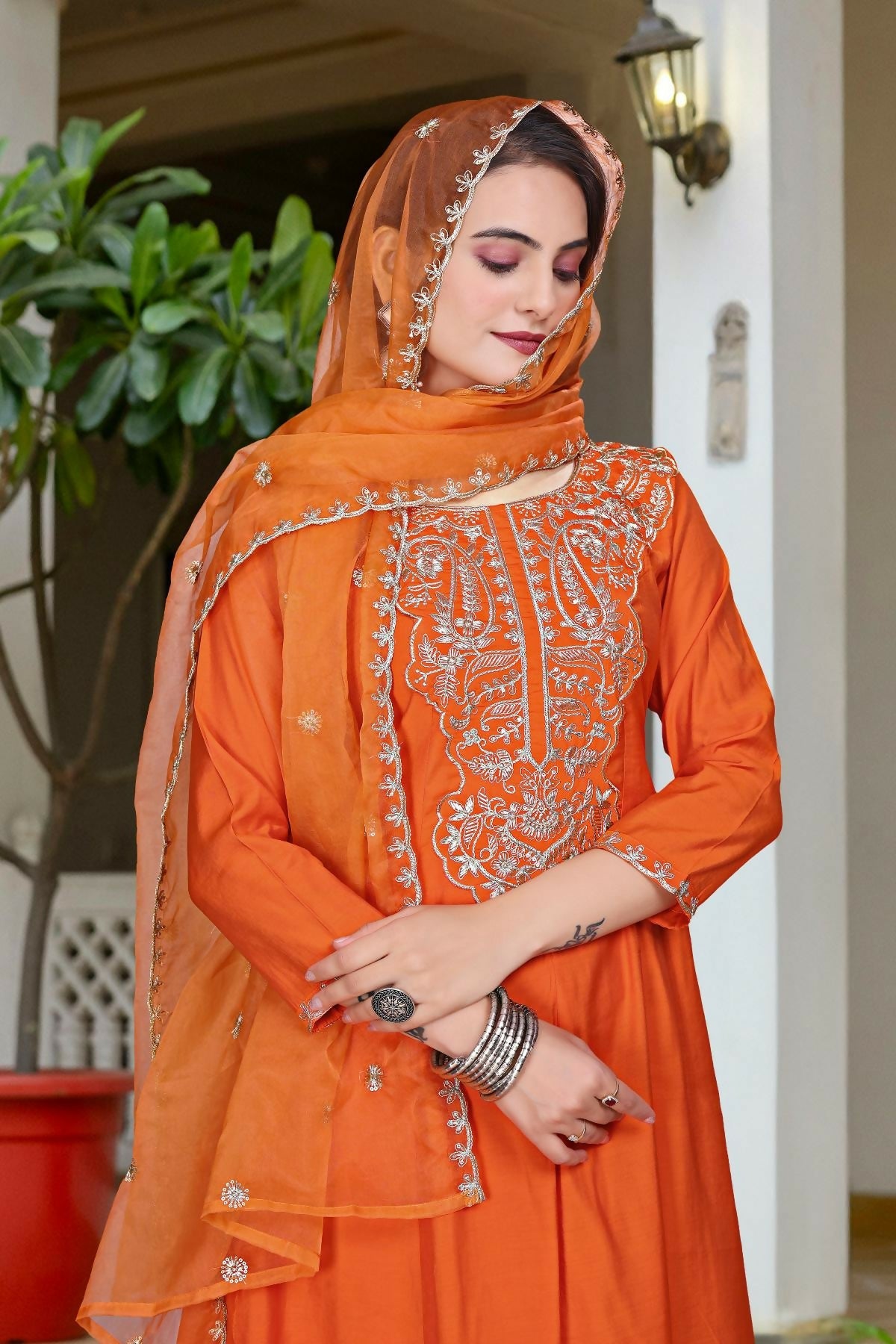 The52 Women's Beautiful Vichitra Fabric Embroidery Work Flared Anarkali Pant and Dupatta Set - Distacart