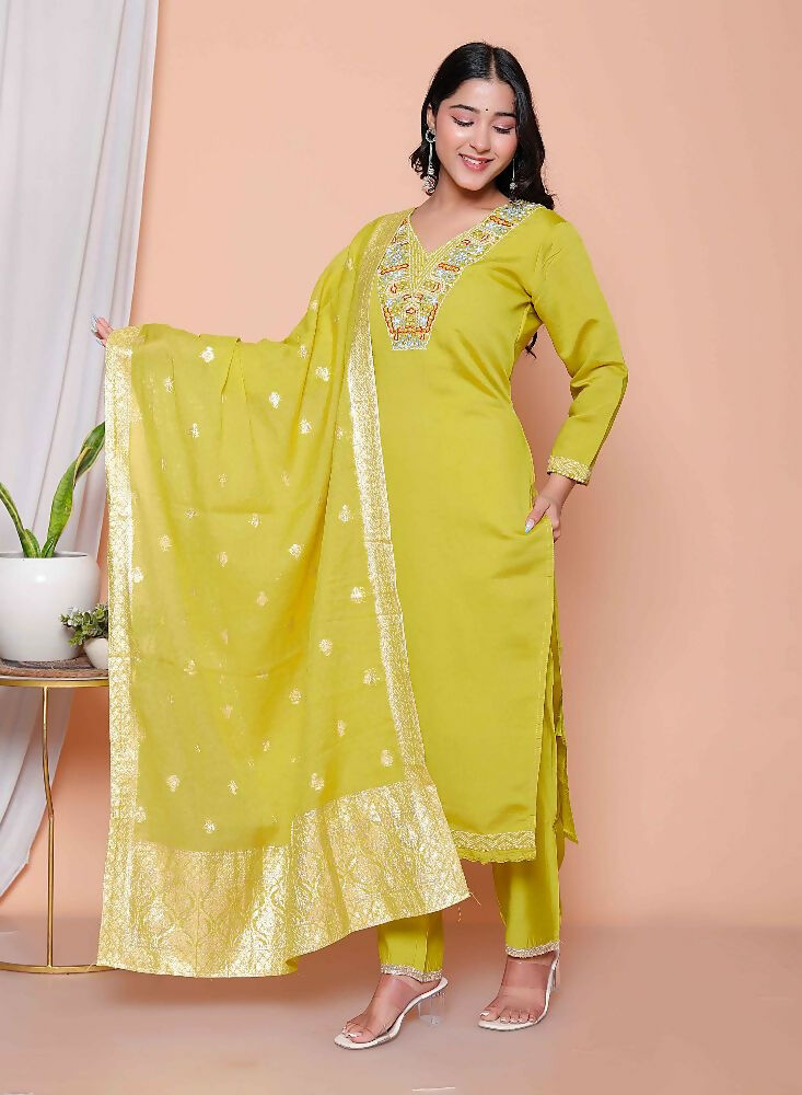 Miravan Womens Muslin Yellow Kurta And Palazzo With Dupatta Set - Distacart
