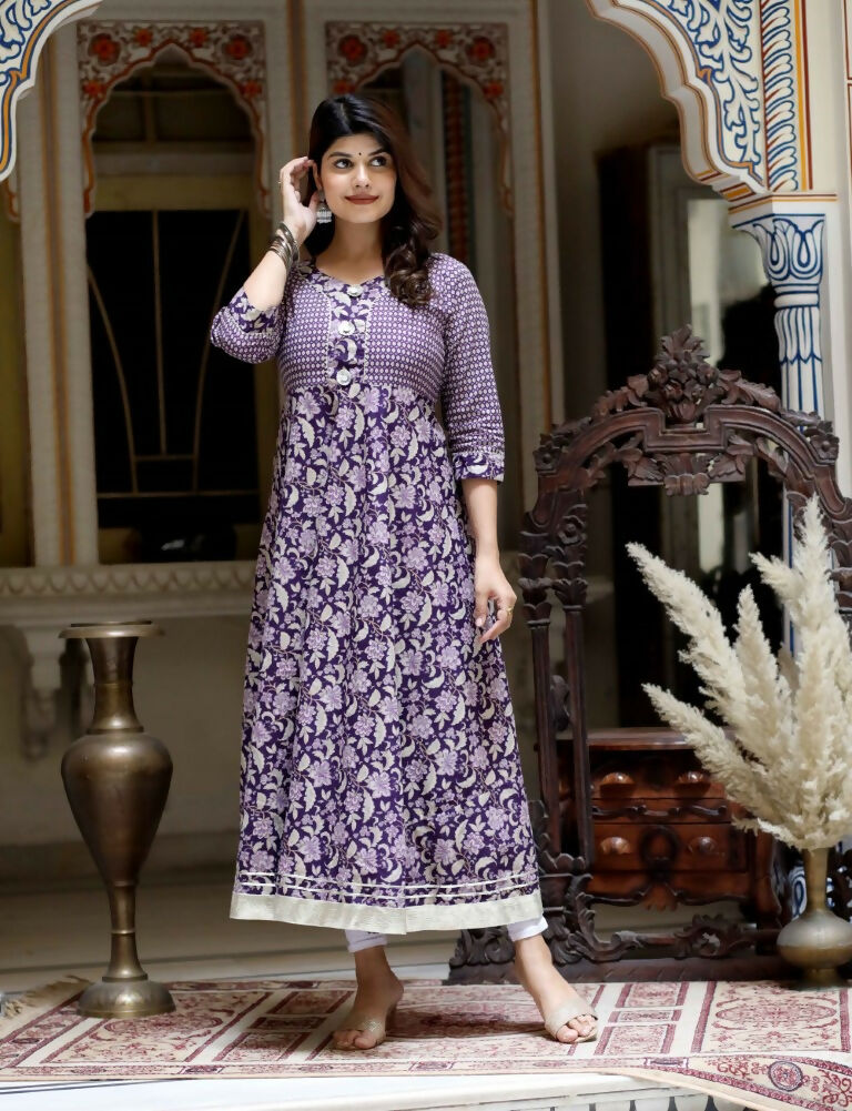 Miravan Women's Purple Cotton Floral Gota Lace Work Anarkali Kurta