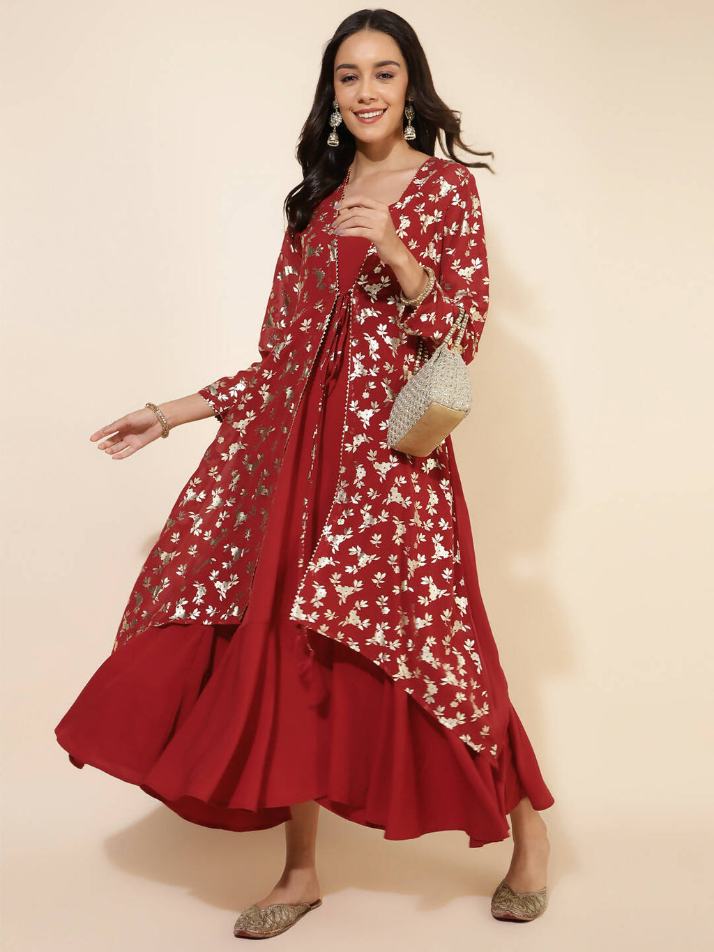 Janasya Women's Red Georgette Foil Printed Festive Flared Dress Set - Distacart
