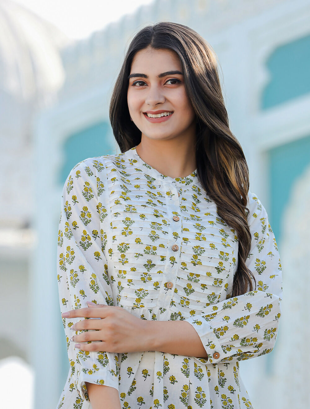 Kaajh Women's Yellow-White Floral Hand Block Printed Cotton Top