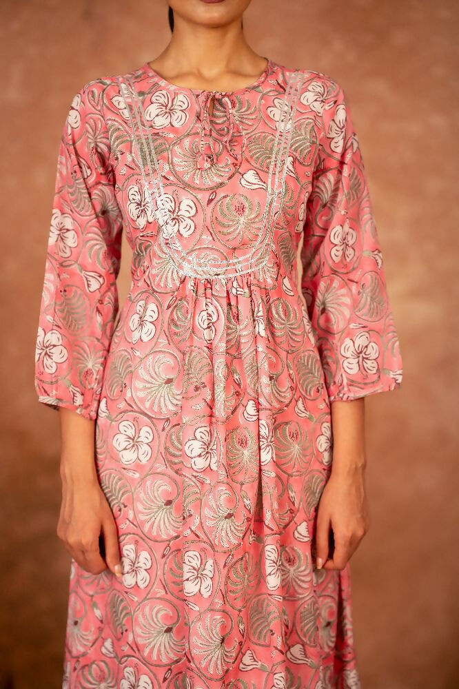 Joban Fashion Pink Floral Hand Block Printed Cotton Kurta Pant Set - Distacart