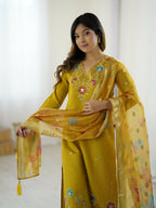The52 Yellow Women's Gorgeous Embroidered work Viscose Gadhwal Fabric Straight Kurta, Pant and Dupatta Set - Distacart