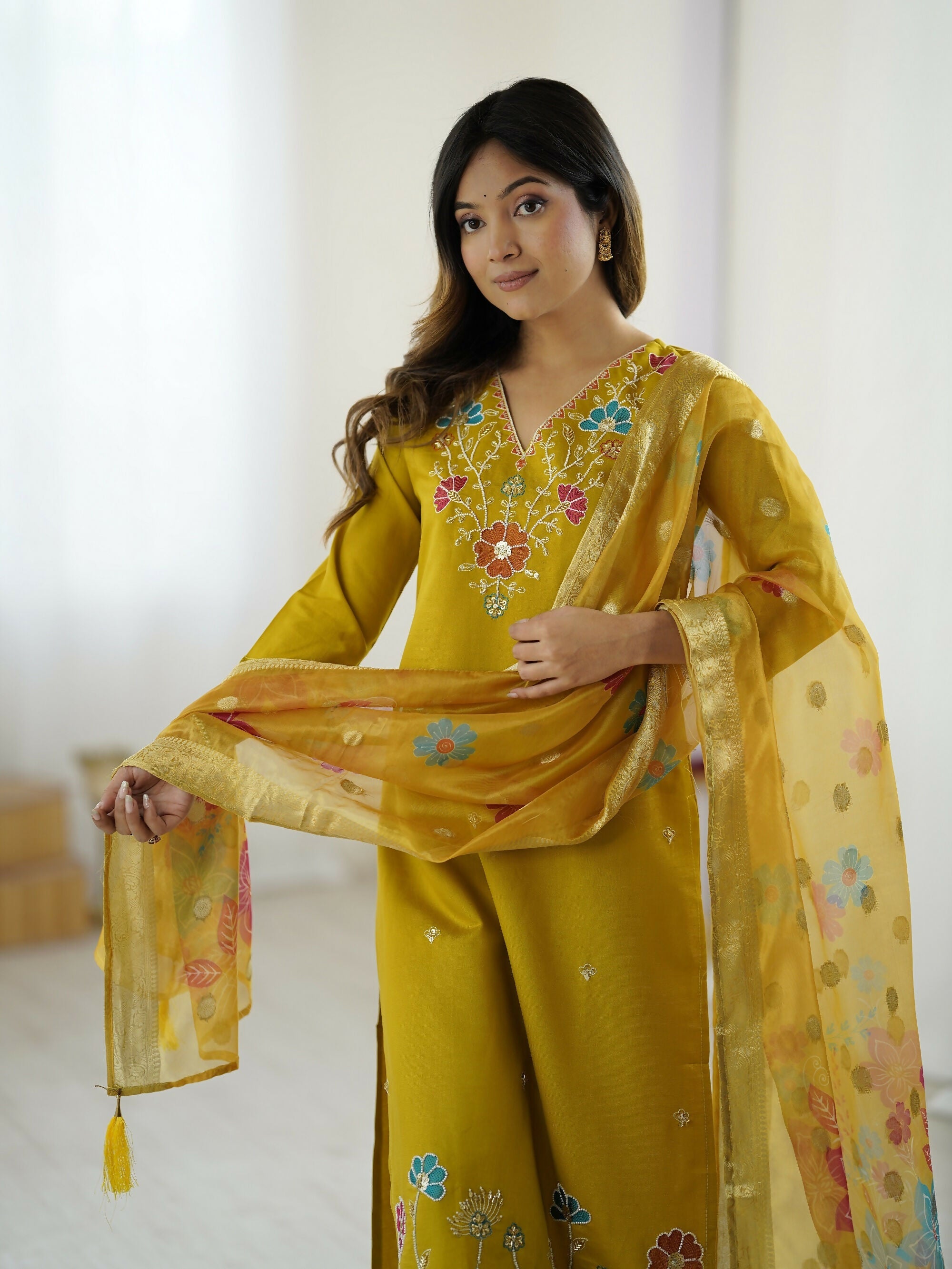 The52 Yellow Women's Gorgeous Embroidered work Viscose Gadhwal Fabric Straight Kurta, Pant and Dupatta Set - Distacart