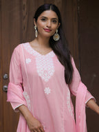 The52 Women's Beautiful Thread Work Cotton satin Fabric Flared Kurta Pant and Dupatta Set - Distacart