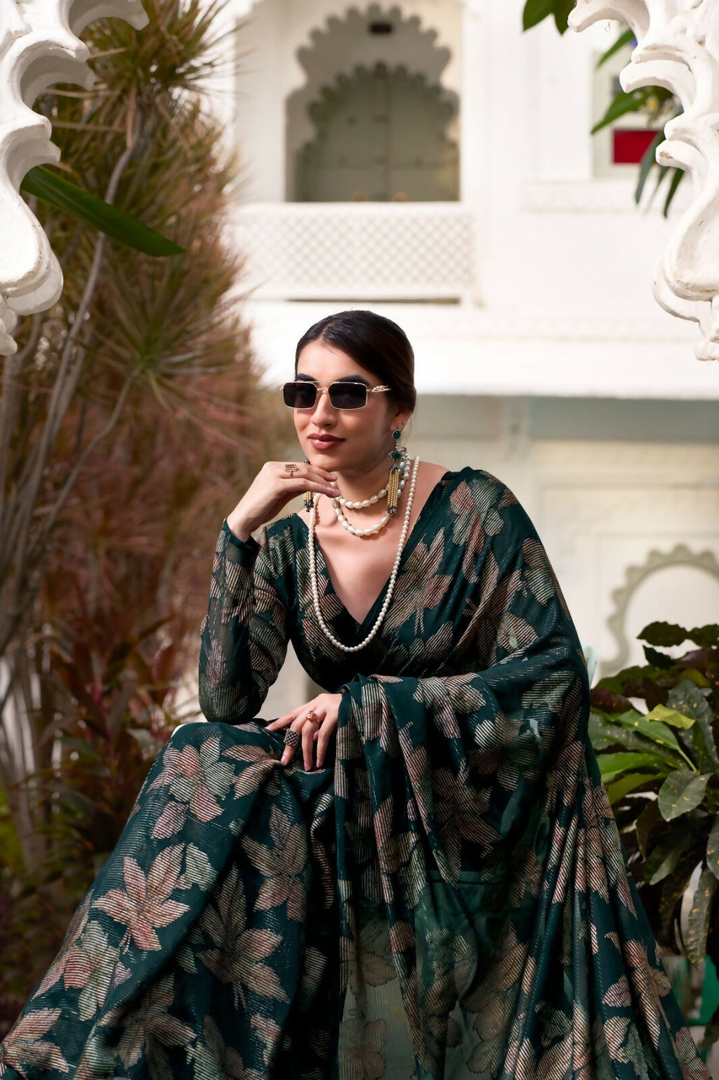Vastranavya Bottle Green Lurex Brasso Floral Printed Saree with Unstitched Blouse - Distacart