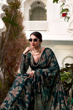Vastranavya Bottle Green Lurex Brasso Floral Printed Saree with Unstitched Blouse - Distacart