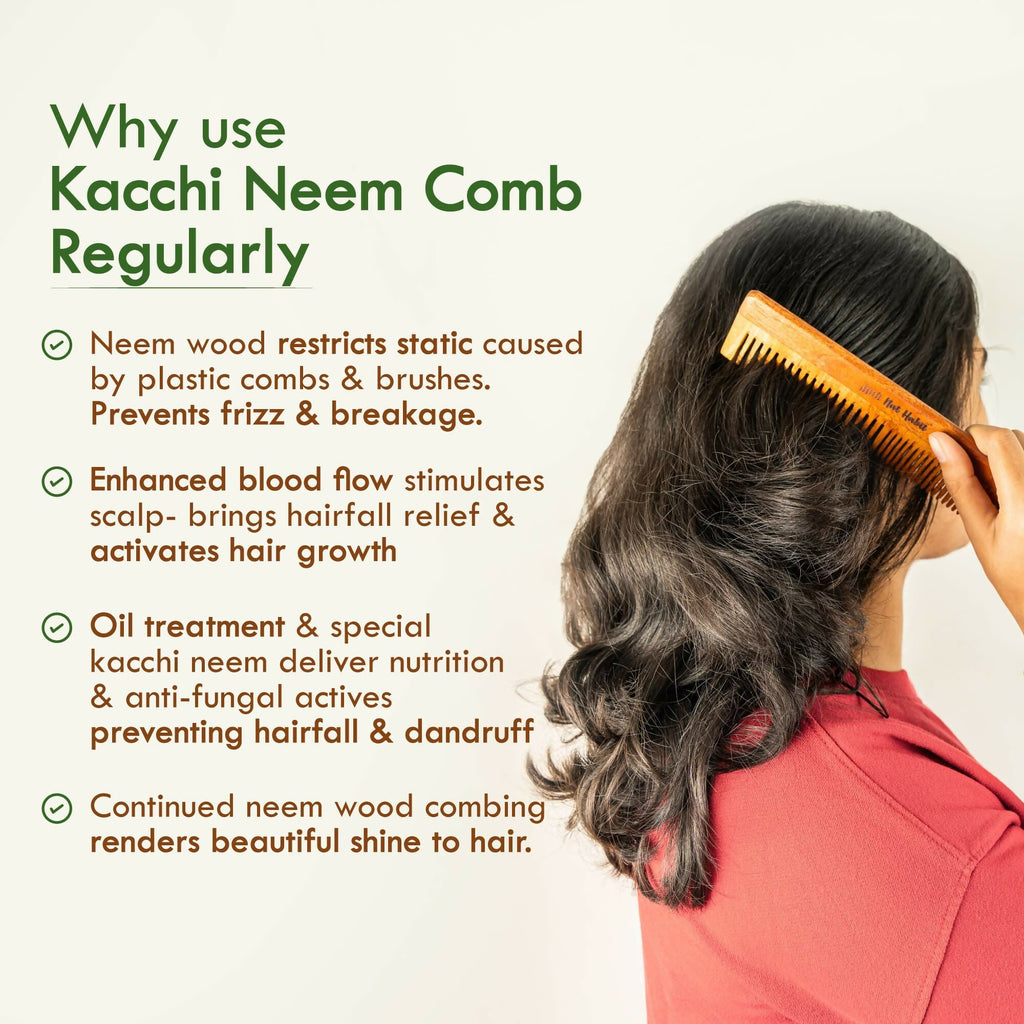 Nat Habit Kacchi Neem Wooden Comb - Soaked In 13 Herbs, Neem & Sesame Oil For Multi-Actions - Distacart