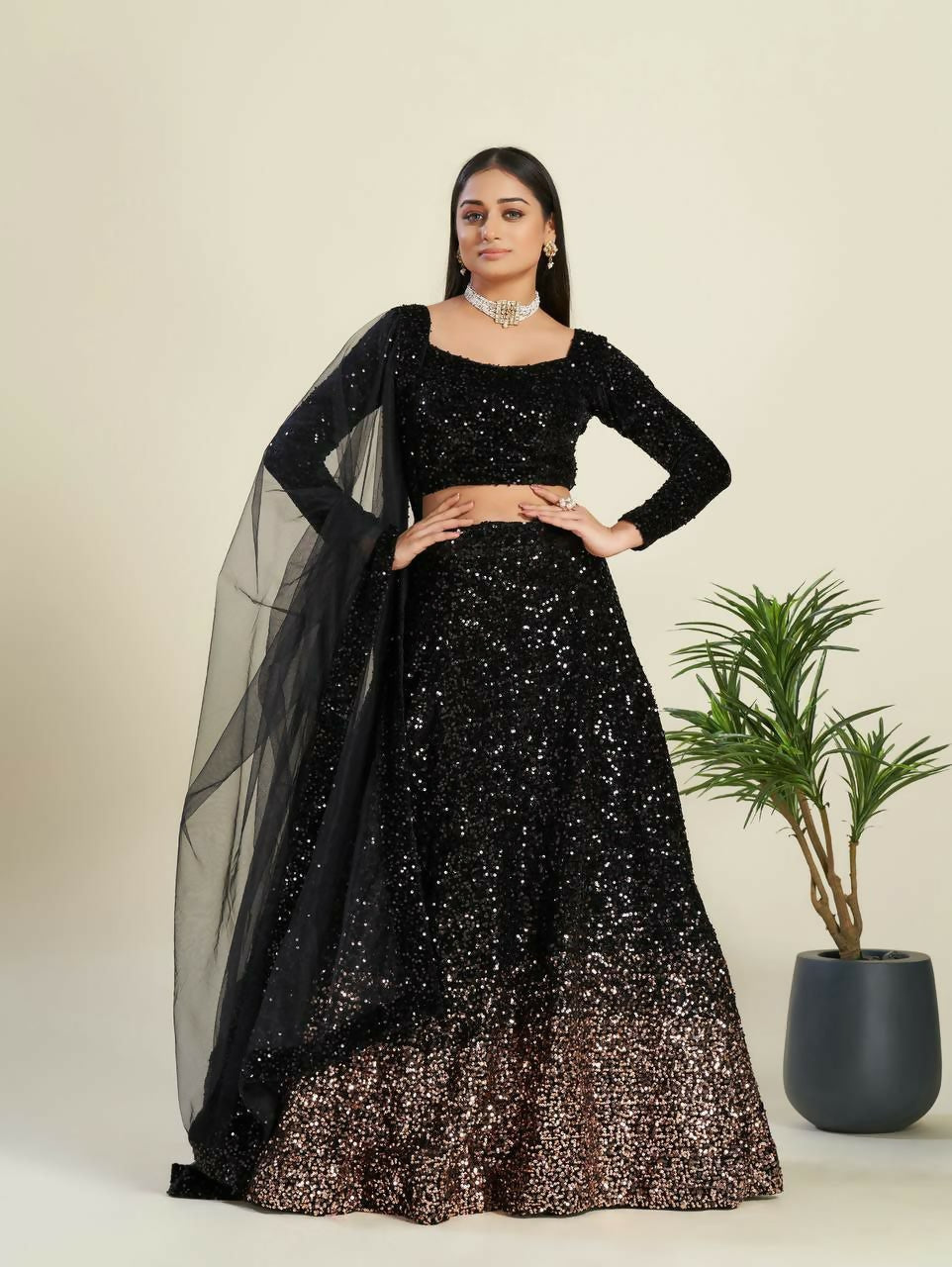 Jyoti Fashion Women's Black Velvet Heavy Sequins Semi Stitched Designer Lehenga Choli Set