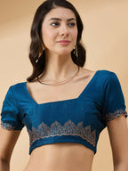 Blue Silk Blend Embroidered Saree with Unstitched Blouse - Vairagi