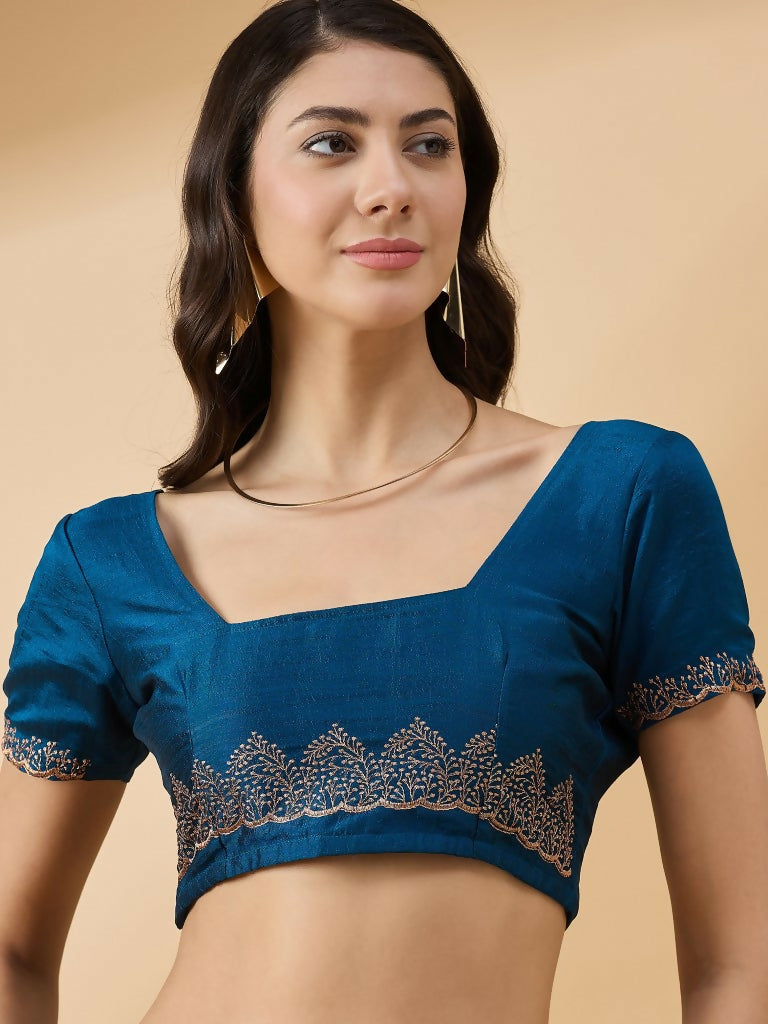 Blue Silk Blend Embroidered Saree with Unstitched Blouse - Vairagi