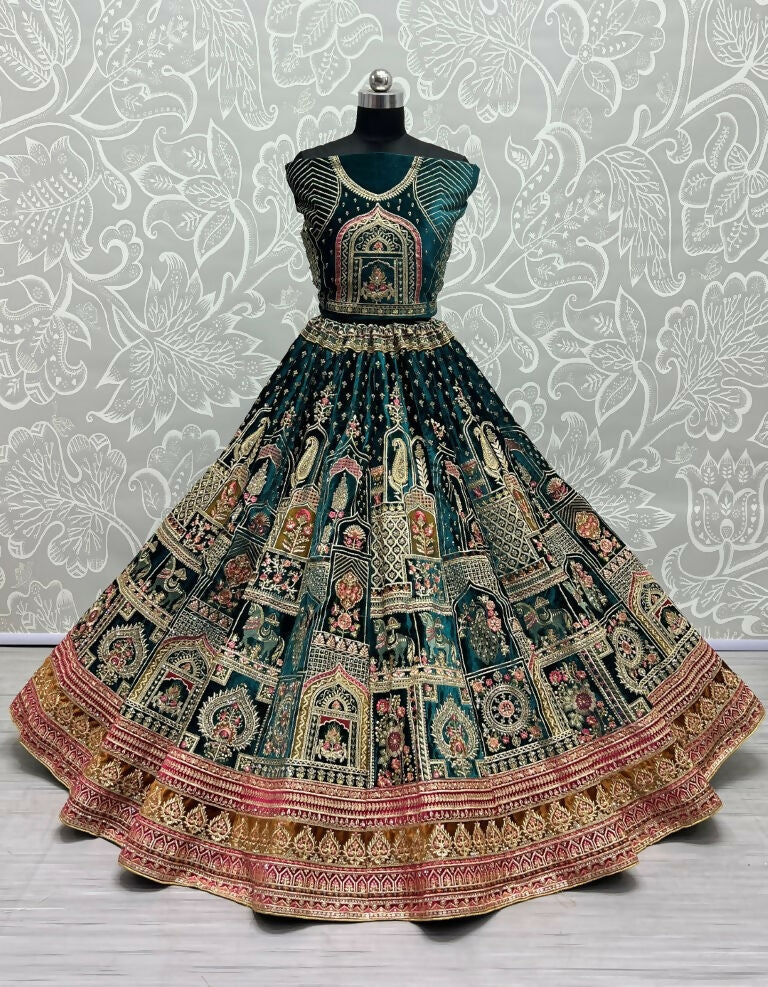 Jyoti Fashion Women's Teal Green Velvet Fancy Dori & Sequins with Multi Thread Embroidered with Diamond Work Wedding Lehenga Choli