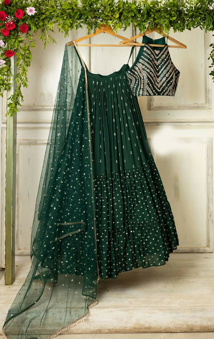 Jyoti Fashion Bottle Green Sequence Embroidery Georgette Designer Lehenga Choli with Dupatta