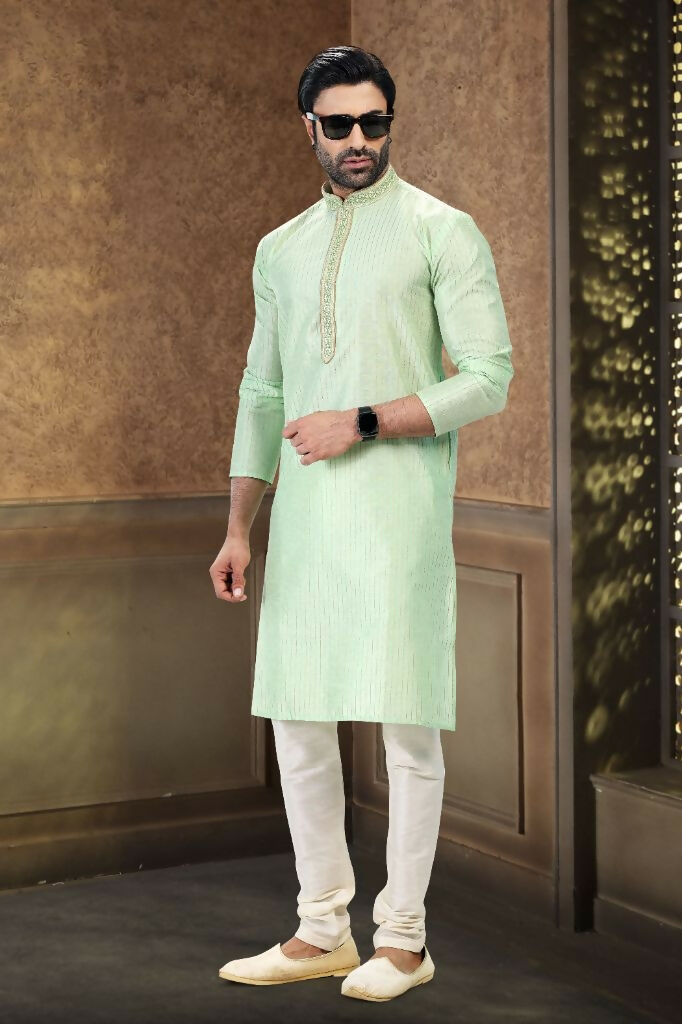 Raivat Ethnic Jacquard Art Silk Thread Work Kurta Pajama In Pista Green Colour - Distacart