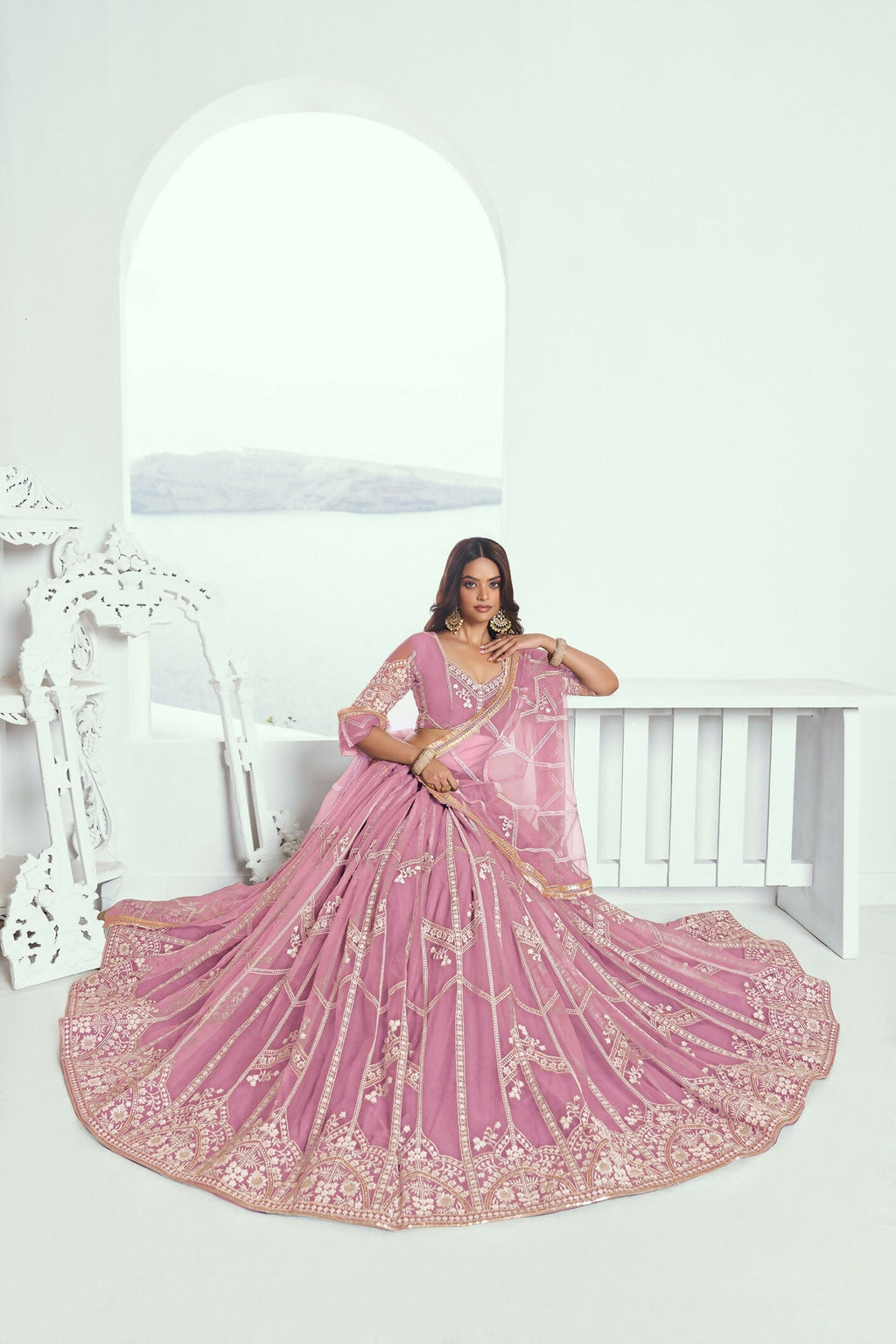 Eilara Glamorous Pink Thread Embroidered Work Net Wedding Lehenga Choli